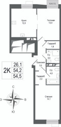 Планировка двухкомнатной(квартира) площадью 54.2 квадратных метров в ЖК “ЖК КИНОКВАРТАЛ”
