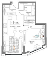 Планировка однокомнатной(квартира) площадью 42 квадратных метров в “ЖК Дрим Рива”