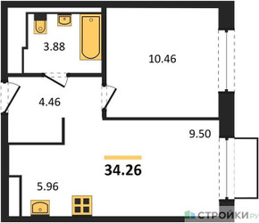 Планировка однокомнатной(квартира) площадью 34.26 квадратных метров в ЖК “ЖК Томилино Парк”
