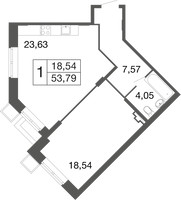 Планировка однокомнатной(квартира) площадью 53.79 квадратных метров в “ЖК Времена года”