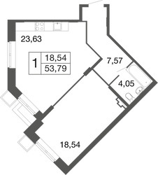 Планировка однокомнатной(квартира) площадью 53.79 квадратных метров в ЖК “ЖК Времена года”