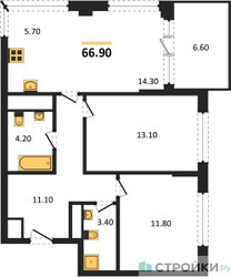 Планировка двухкомнатной(квартира) площадью 66.9 квадратных метров в ЖК “ЖК VERY на Миклухо-Маклая (Вери на Миклухо-Маклая)”