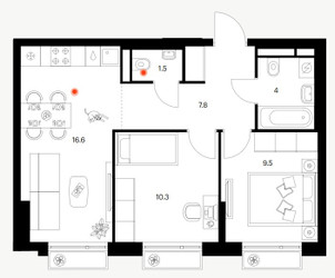 Планировка двухкомнатной(квартира) площадью 49.4 квадратных метров в ЖК “ЖК Белая Дача парк”