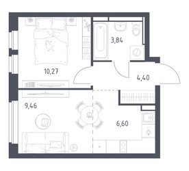 Планировка однокомнатной(квартира) площадью 34.57 квадратных метров в ЖК “ЖК Новое Видное”