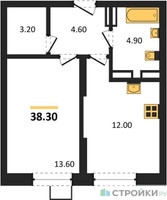 Планировка однокомнатной(квартира) площадью 38.3 квадратных метров в “ЖК ОБЛАКА-2”