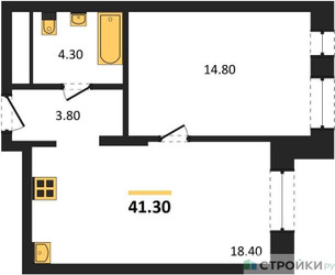Планировка однокомнатной(квартира) площадью 41.3 квадратных метров в ЖК “ЖК Первый Московский”