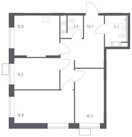 Планировка трехкомнатной(квартира) площадью 64.1 квадратных метров в “ЖК Цветочные Поляны Сити”