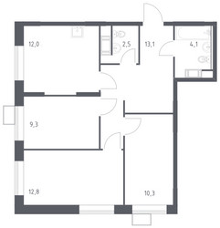 Планировка трехкомнатной(квартира) площадью 64.1 квадратных метров в ЖК “ЖК Цветочные Поляны Сити”