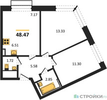 Планировка двухкомнатной(квартира) площадью 48.47 квадратных метров в “ЖК Рублевский Квартал”