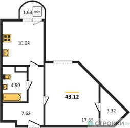 Планировка однокомнатной(квартира) площадью 43.12 квадратных метров в ЖК “ЖК Дом‐Мегалит в Королёве”