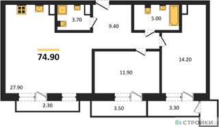 Планировка двухкомнатной(квартира) площадью 74.9 квадратных метров в “ЖК Прайм квартал Отрада на реке”