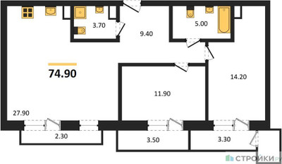 Планировка двухкомнатной(квартира) площадью 74.9 квадратных метров в ЖК “Отрада на реке”