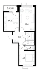 Планировка двухкомнатной(квартира) площадью 62.2 квадратных метров в ЖК “ЖК 1-й Саларьевский (Первый Саларьевский)”