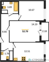Планировка двухкомнатной(квартира) площадью 52.79 квадратных метров в “ЖК Светлый мир БиоПолис”