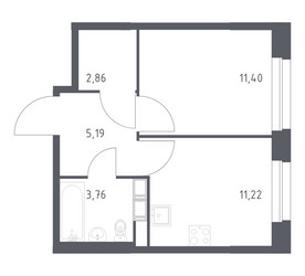 Планировка однокомнатной(квартира) площадью 34.43 квадратных метров в ЖК “ЖК ЭкоБунино (Южное Бунино)”