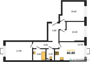 Планировка трехкомнатной(квартира) площадью 60.8 квадратных метров в “ЖК Лучи-2”
