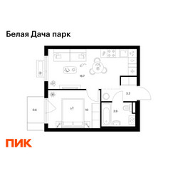 Планировка однокомнатной(квартира) площадью 34.4 квадратных метров в ЖК “ЖК Белая Дача парк”