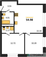 Планировка двухкомнатной(квартира) площадью 54.98 квадратных метров в “ЖК ЭкоБунино (Южное Бунино)”