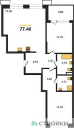 Планировка двухкомнатной(квартира) площадью 77.4 квадратных метров в ЖК “ЖК Дзен-кварталы”
