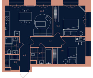 Планировка трехкомнатной(квартира) площадью 64.6 квадратных метров в ЖК “Квартал Эра”
