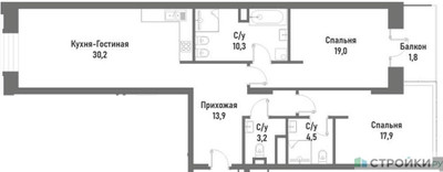 Планировка двухкомнатной(квартира) площадью 97.3 квадратных метров в ЖК “ЖК Ренессанс”
