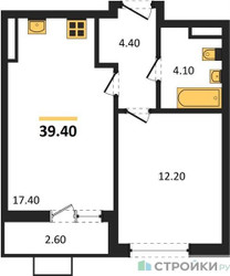 Планировка однокомнатной(квартира) площадью 39.4 квадратных метров в ЖК “ЖК Прокшино”