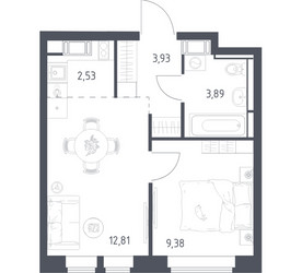 Планировка однокомнатной(квартира) площадью 32.54 квадратных метров в ЖК “ЖК Большое Путилково”