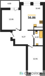 Планировка двухкомнатной(квартира) площадью 56.86 квадратных метров в ЖК “ЖК ВОСТОК II”