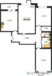 Планировка трехкомнатной(квартира) площадью 84 квадратных метров в ЖК “ЖК 1-й Ленинградский (Первый Ленинградский)”