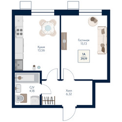 Планировка однокомнатной(квартира) площадью 39.19 квадратных метров в ЖК “ЖК Бархат”