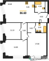 Планировка трехкомнатной(квартира) площадью 86.6 квадратных метров в “ЖК Moments (Моментс)”