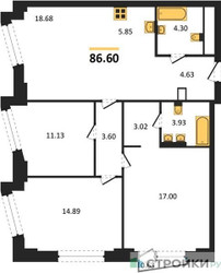 Планировка трехкомнатной(квартира) площадью 86.6 квадратных метров в ЖК “ЖК Moments (Моментс)”
