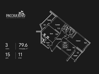 Планировка трехкомнатной(квартира) площадью 79.6 квадратных метров в ЖК “ЖК Рассказово”