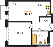 Планировка однокомнатной(квартира) площадью 34.17 квадратных метров в “ЖК Рублевский Квартал”