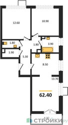 Планировка двухкомнатной(квартира) площадью 62.4 квадратных метров в ЖК “ЖК 1-й Донской (Первый Донской)”