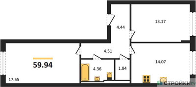 Планировка двухкомнатной(квартира) площадью 59.94 квадратных метров в ЖК “ЖК Подольские кварталы”