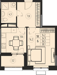 Планировка однокомнатной(квартира) площадью 36.5 квадратных метров в ЖК “ЖК Премиум”