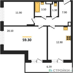 Планировка двухкомнатной(квартира) площадью 59.3 квадратных метров в ЖК “ЖК Пироговская Ривьера”