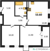 Планировка двухкомнатной(квартира) площадью 53.6 квадратных метров в “ЖК Деснаречье”