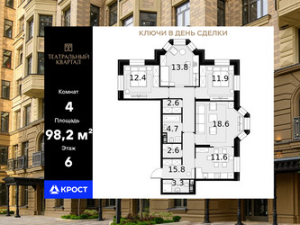 Планировка 4+ комнатной(квартира) площадью 98.2 квадратных метров в ЖК “ЖК Театральный квартал”