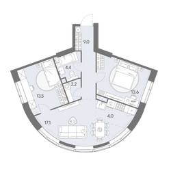 Планировка трехкомнатной(квартира) площадью 63.8 квадратных метров в ЖК “ЖК Родина Переделкино”