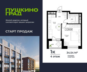 Планировка однокомнатной(квартира) площадью 34.54 квадратных метров в ЖК “ЖК Пушкино Град”