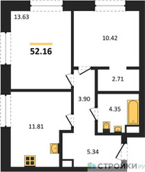 Планировка двухкомнатной(квартира) площадью 52.16 квадратных метров в ЖК “ЖК UltimaСity (УльтимаСити)”