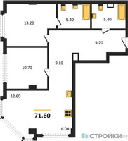 Планировка двухкомнатной(квартира) площадью 71.6 квадратных метров в “ЖК АУРА”