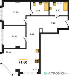 Планировка двухкомнатной(квартира) площадью 71.6 квадратных метров в ЖК “ЖК АУРА”