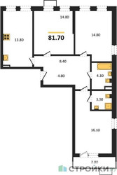 Планировка трехкомнатной(квартира) площадью 81.7 квадратных метров в ЖК “ЖК Прокшино”