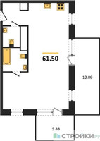Планировка однокомнатной(апартаменты) площадью 61.5 квадратных метров в “ЖК ФизтехСити”