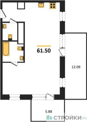 Планировка однокомнатной(апартаменты) площадью 61.5 квадратных метров в ЖК “ЖК ФизтехСити”