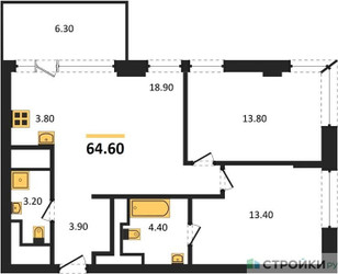 Планировка двухкомнатной(квартира) площадью 65.2 квадратных метров в ЖК “ЖК VERY на Миклухо-Маклая (Вери на Миклухо-Маклая)”