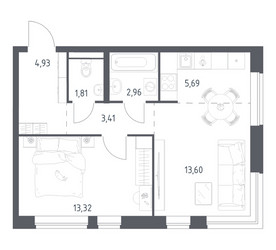 Планировка однокомнатной(квартира) площадью 45.72 квадратных метров в ЖК “ЖК Новое Видное”